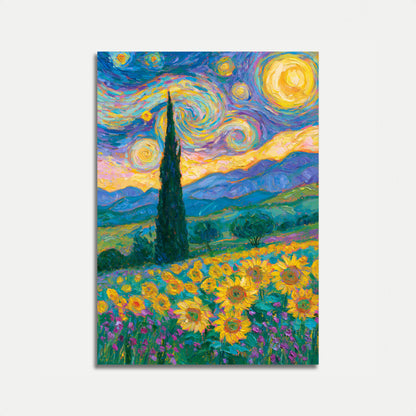 Starry Night Sunflower Field Poster