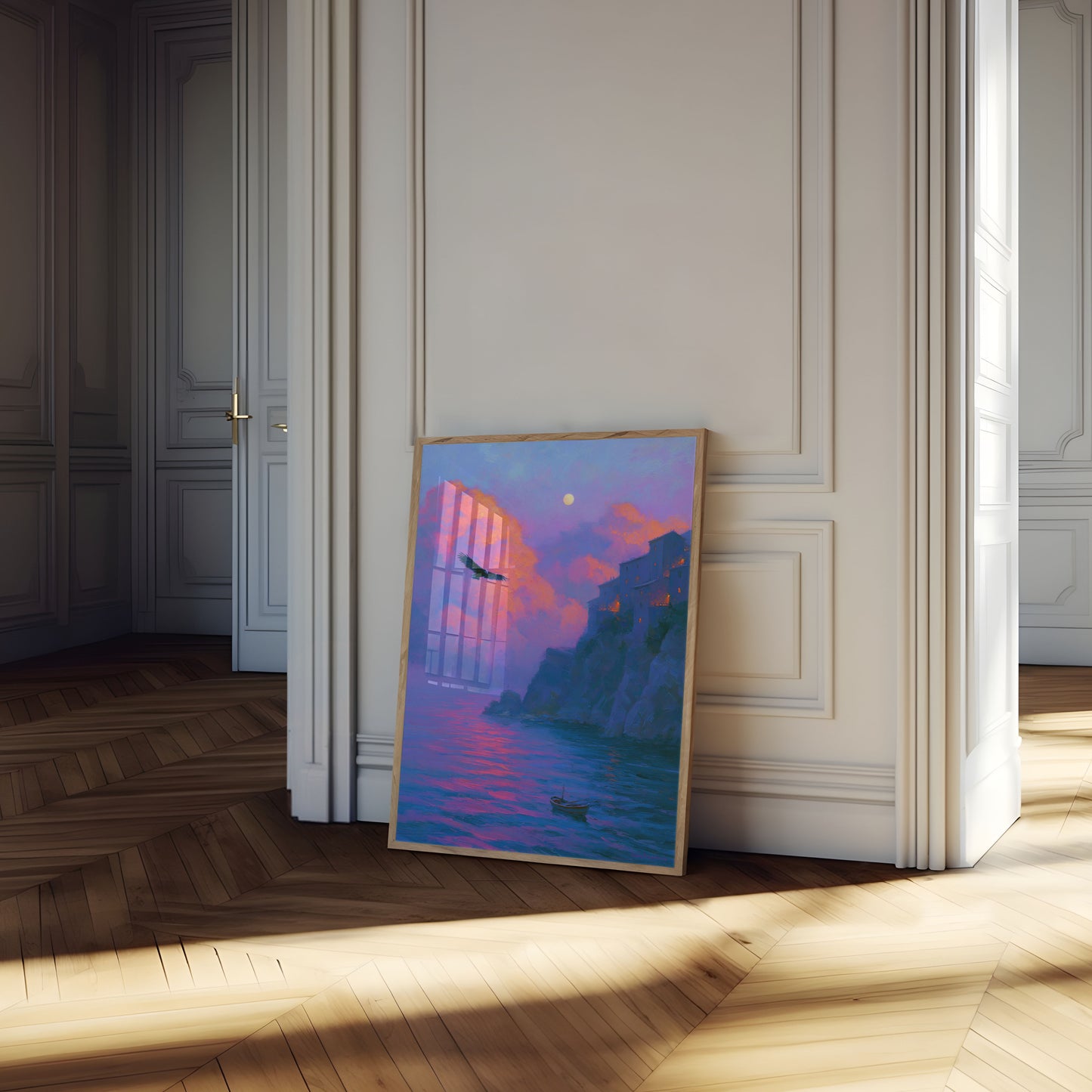 Poster di scogliera costiera al chiaro di luna