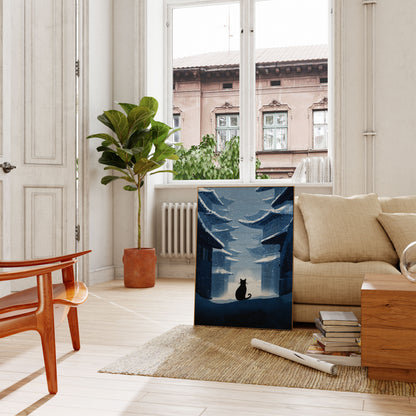 Kat i Snøfuld Asiatisk Landsby Plakat