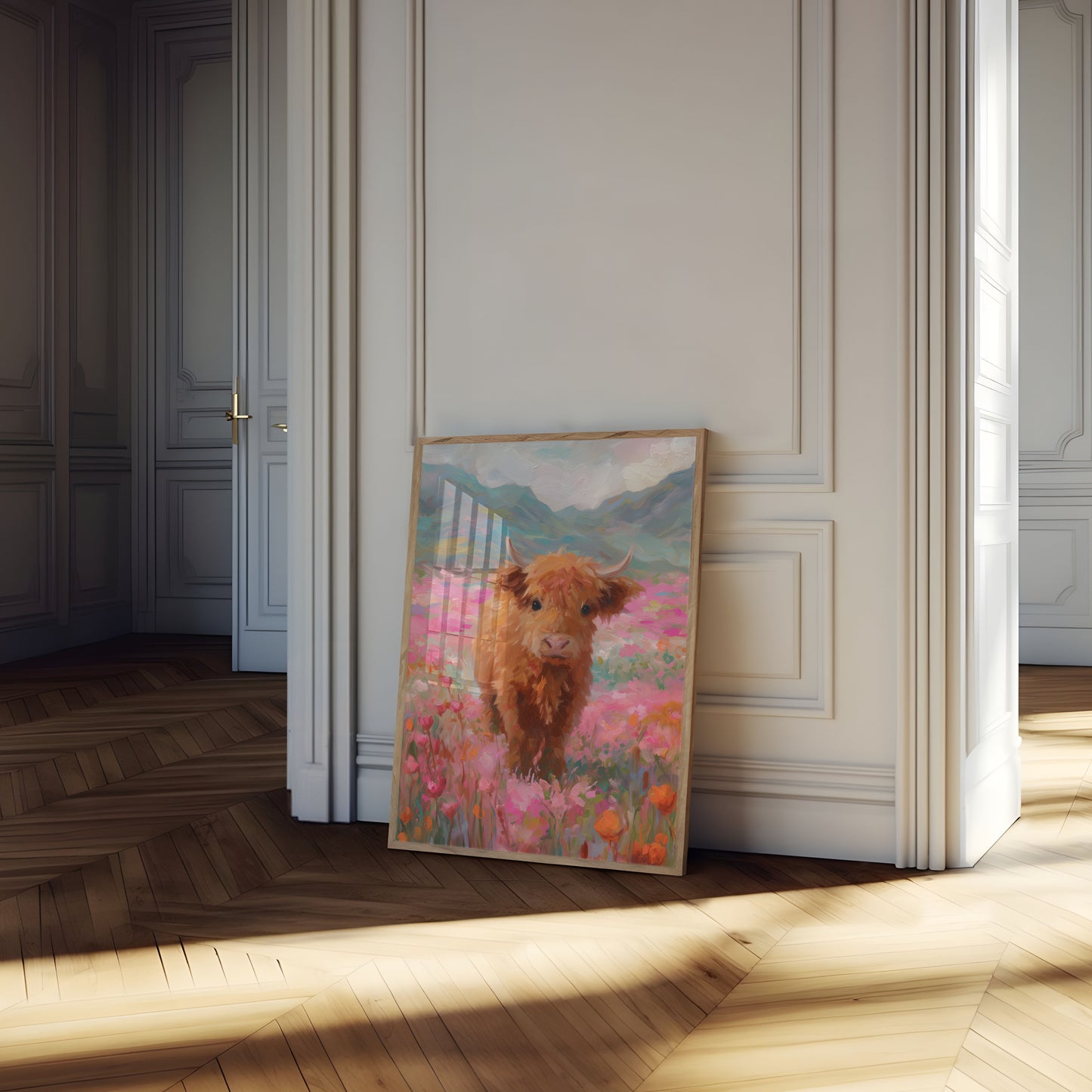 Highland Cow in Floral Meadow Poster