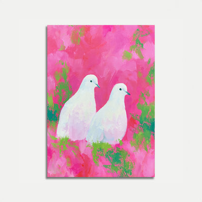 White Doves in Pink Garden Poster