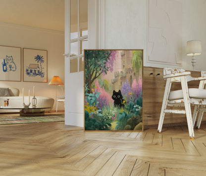 Black Cat in Magical Garden Poster