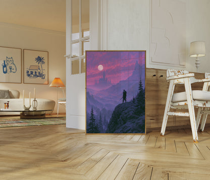 Krieger blickt auf Fantasy-Schloss-Poster