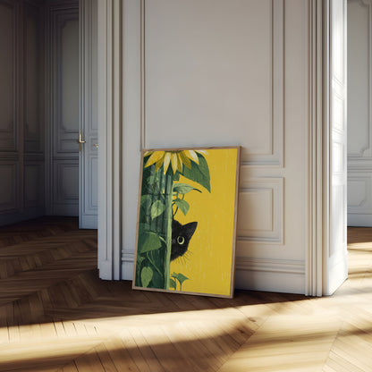 Black Cat Among Sunflowers Poster