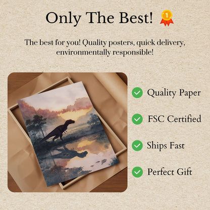 Póster de dinosaurio prehistórico al atardecer