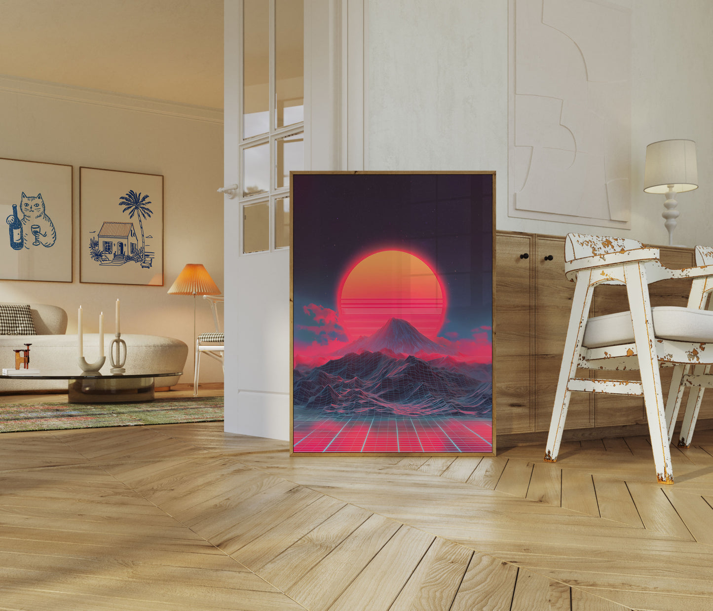 Retroer Synthwave-Sonnenuntergang Bergposter