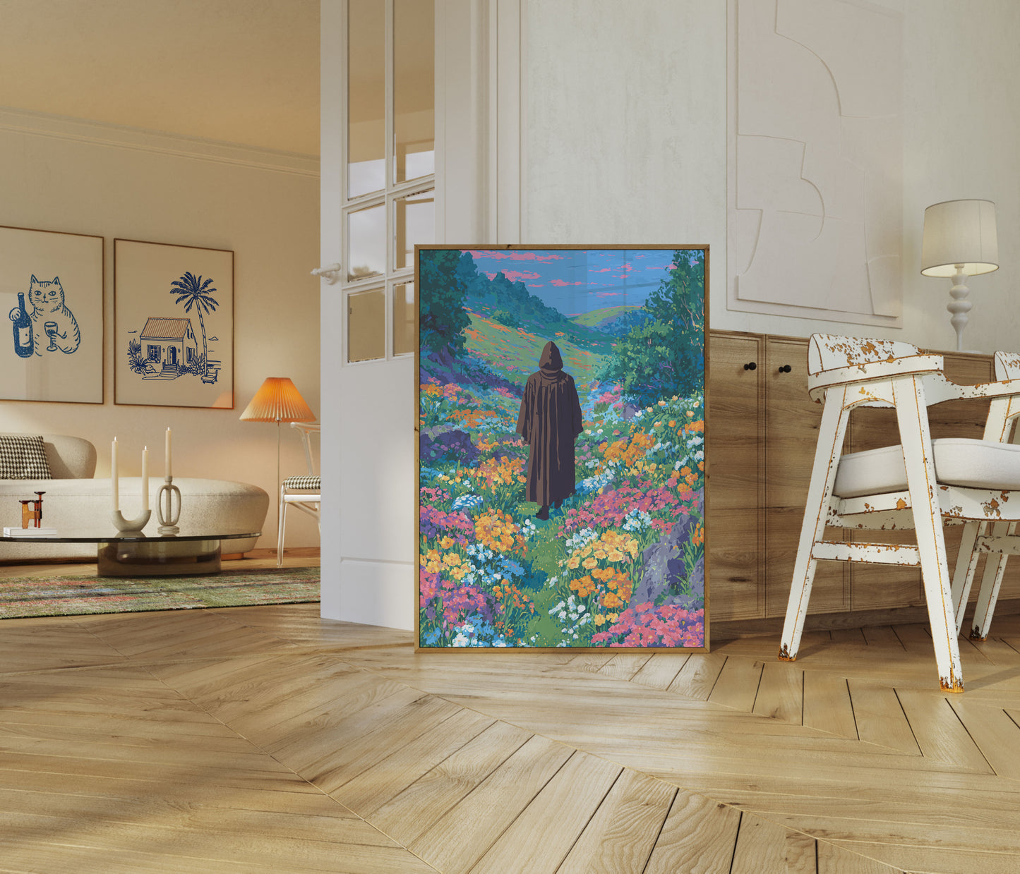 Affiche du Voyageur Solitaire dans la Prairie de Fleurs Sauvages