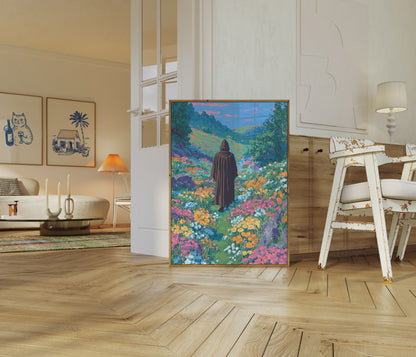 Affiche du Voyageur Solitaire dans la Prairie de Fleurs Sauvages