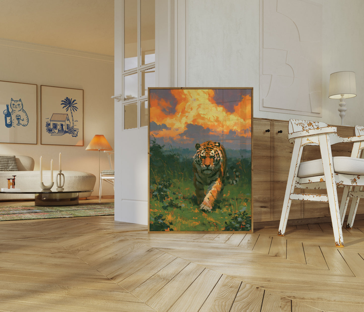 Tiger Striding Through Grassland Poster