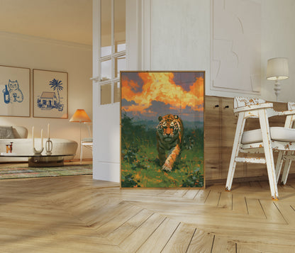 Tiger Striding Through Grassland Poster