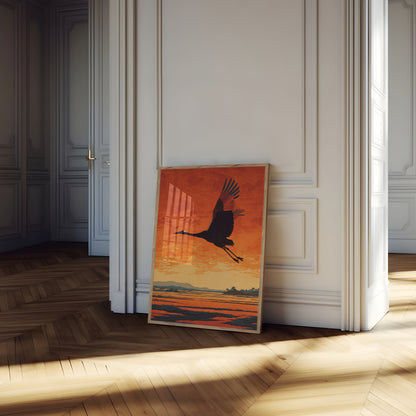 Póster de Grúa Despegando al Atardecer