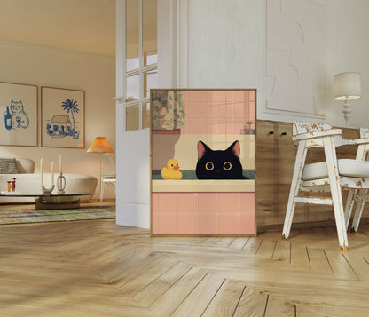 Schwarze Katze im Bad Poster