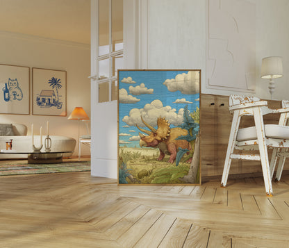 Golden Triceratops Prehistoric Landscape Poster
