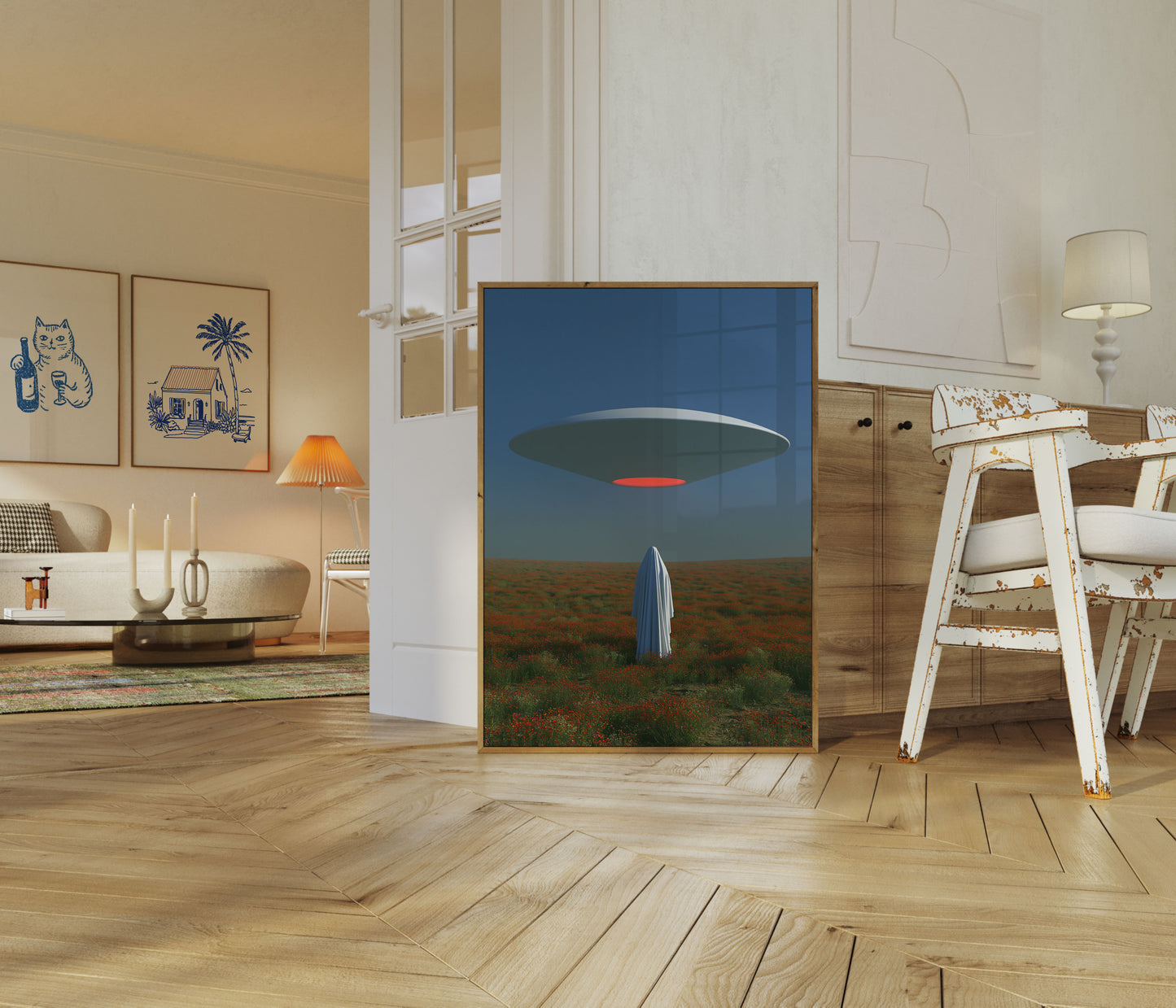 UFO-ontmoeting Boven Wildebloemenveld Poster