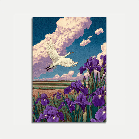 Affiche Grue au-dessus d'un champ d'iris pourpres