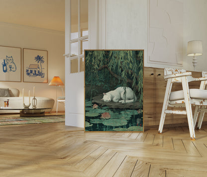 Hvid kat ved lotusdam plakat