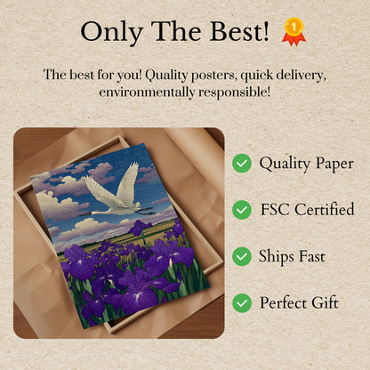 Affiche Grue au-dessus d'un champ d'iris violets