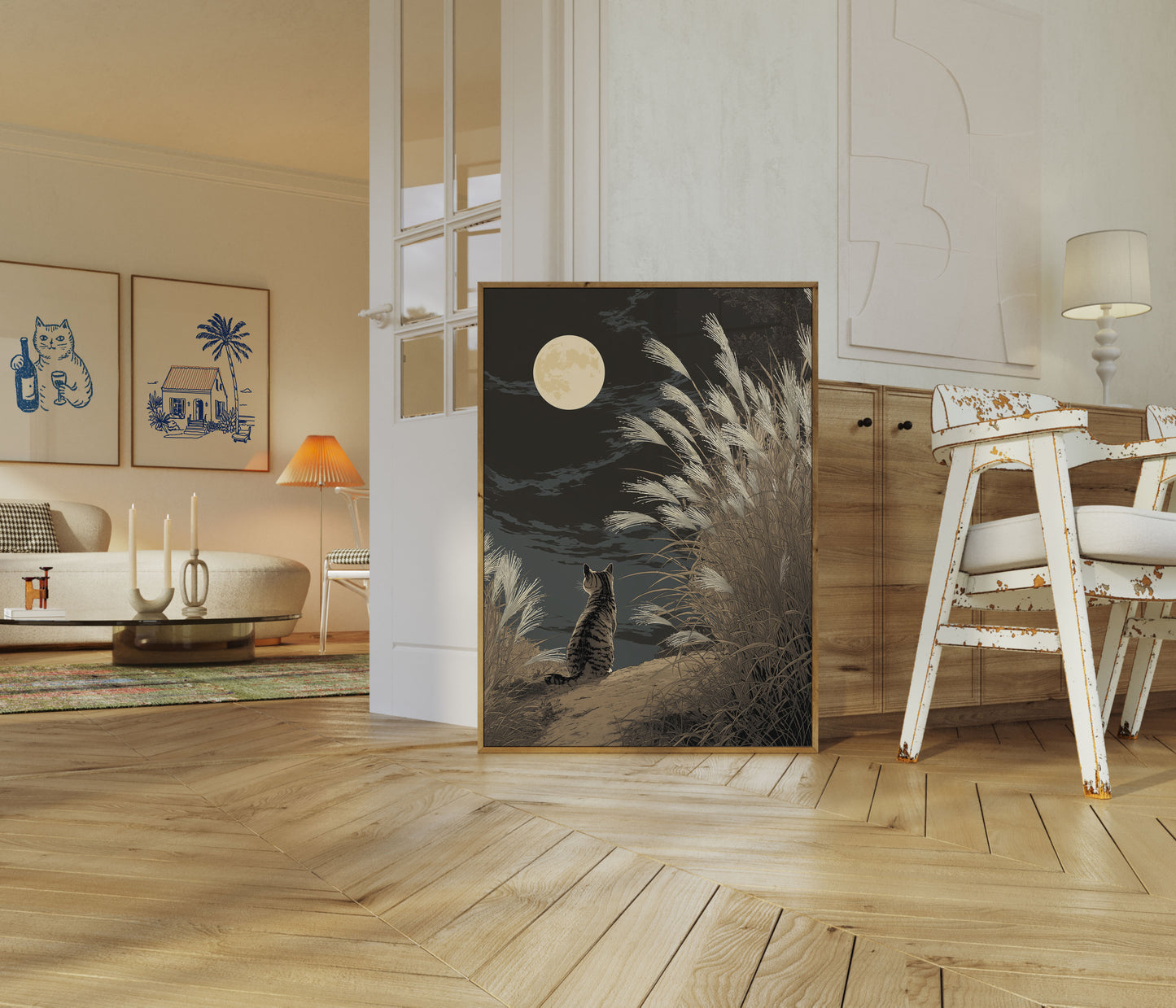 Kat starend naar maanlicht poster