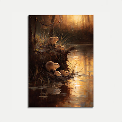 Capybaras au bord de l'eau dorée Affiche
