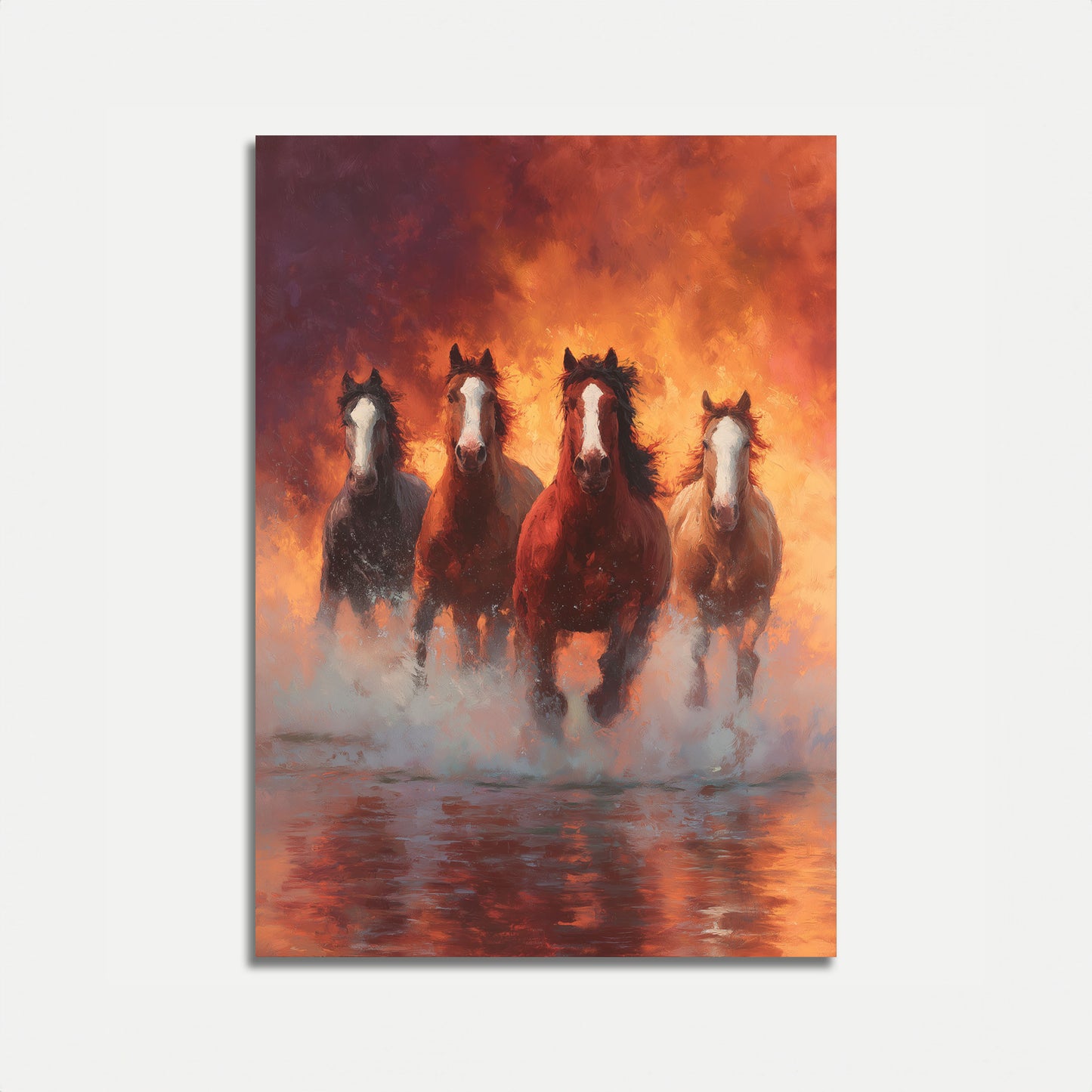Póster de Cuatro Caballos Corriendo en Llamas