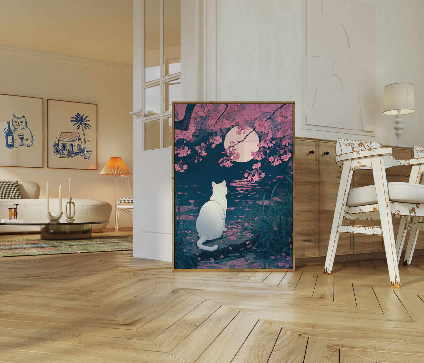 Cat Gazing at Moonlit Blossoms Poster