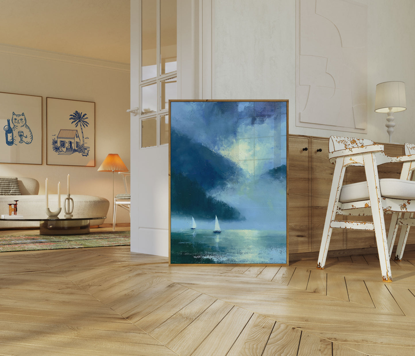 Sailboats in Misty Mountains Poster