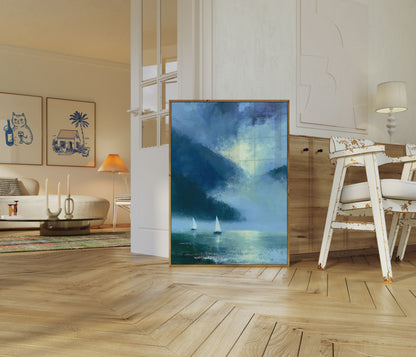 Sailboats in Misty Mountains Poster