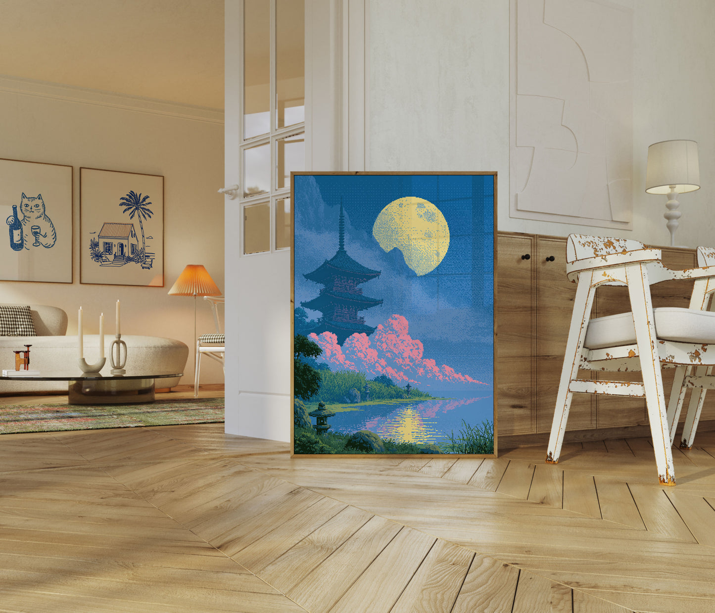 Japanese Pagoda Moonlit Night Poster