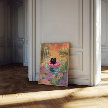 Cute Cat Floating Flower Poster