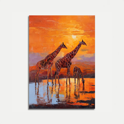 Cartaz do Girafa no Poço de Água ao Pôr do Sol