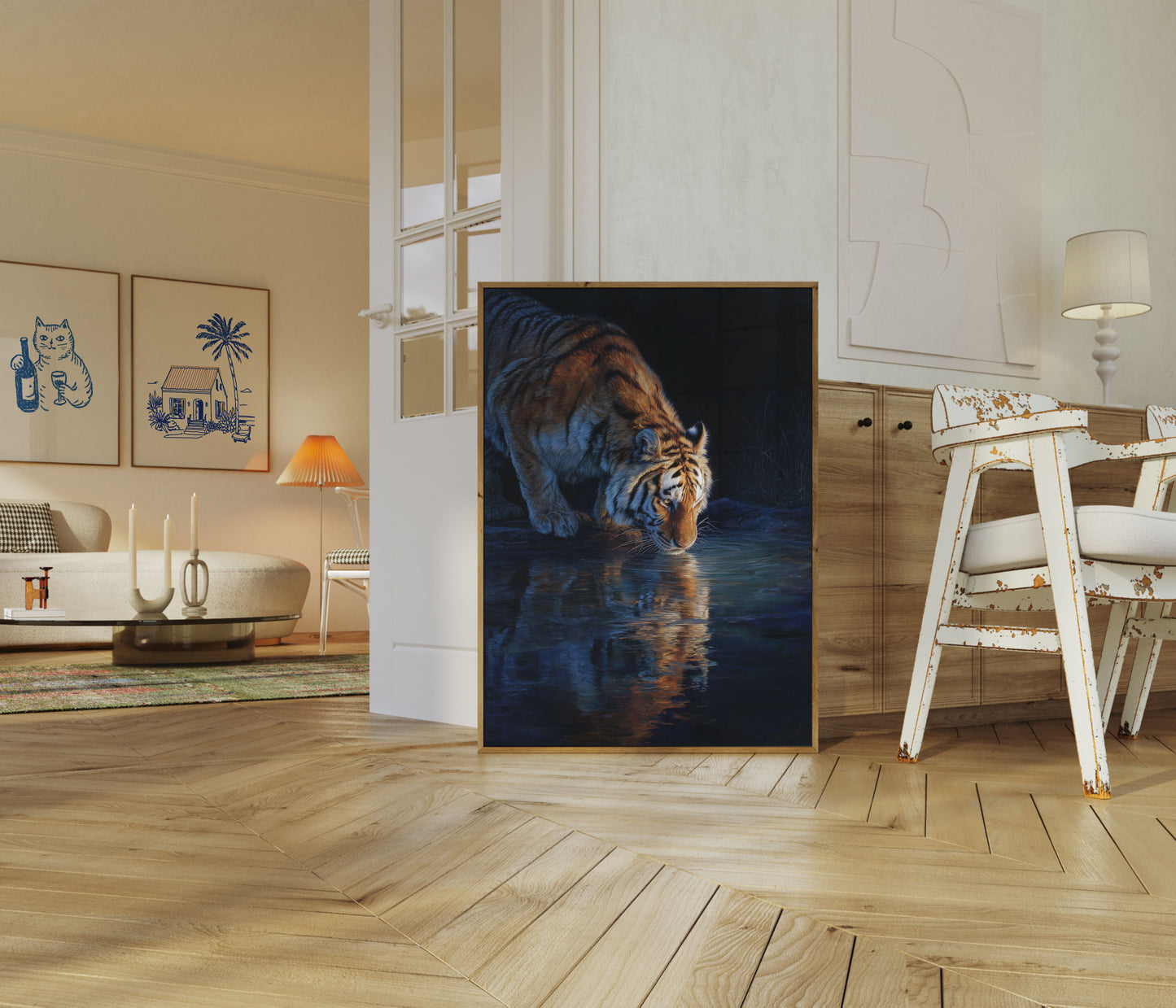 Tiger Drinking at Moonlit Water Poster