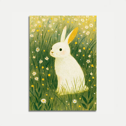 Affiche : Lapin Blanc dans une Prairie Fleurie