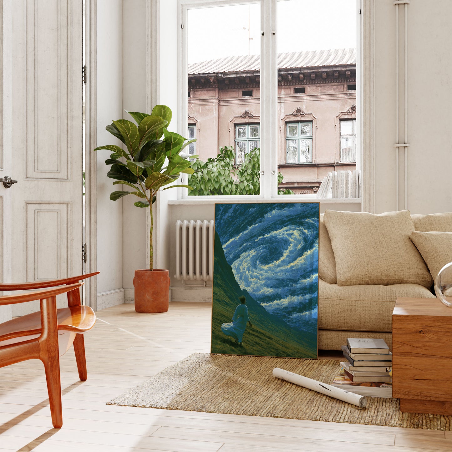 Woman Contemplating Cosmic Waves Poster