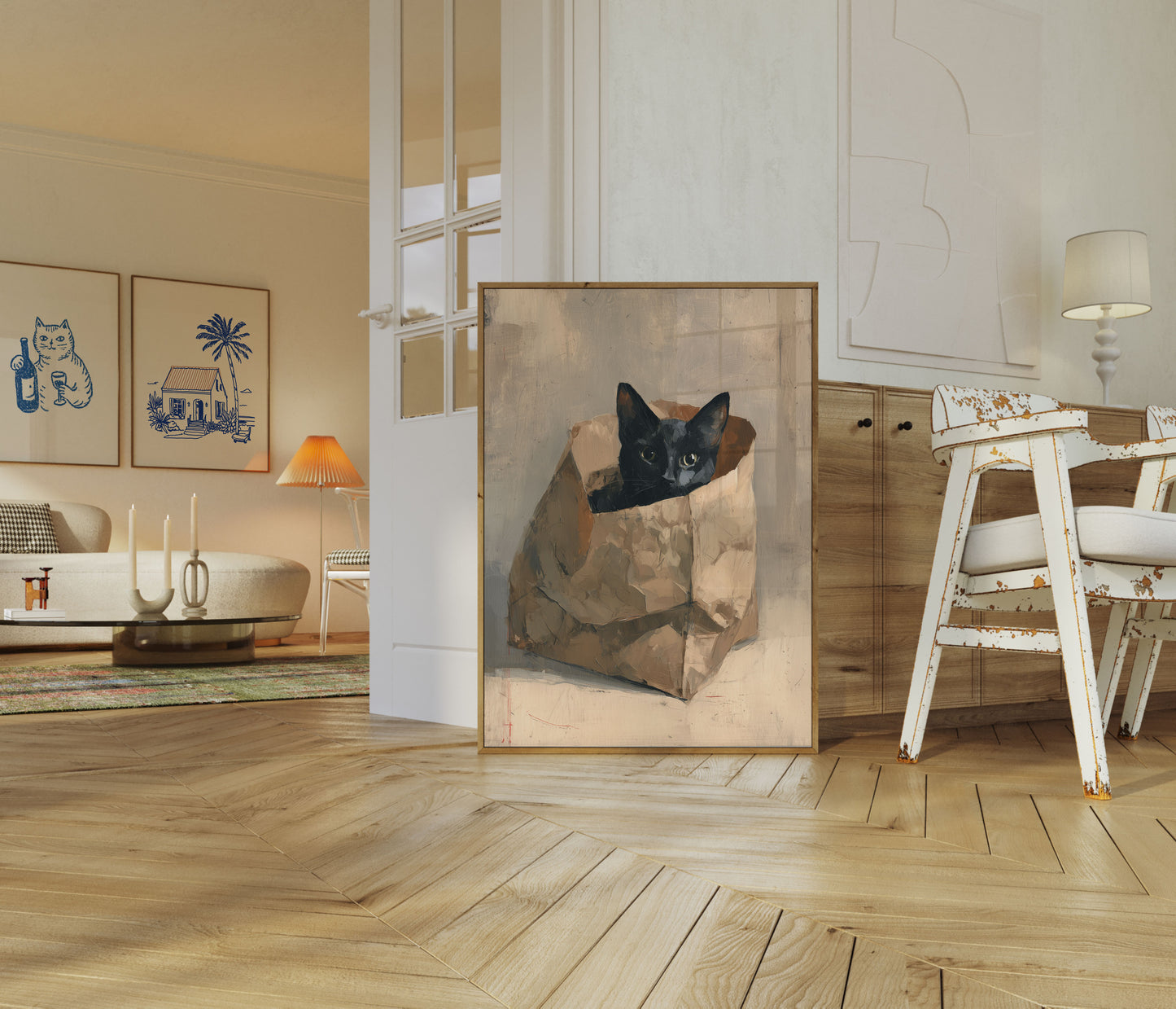 Schwarze Katze in Papiertüte Poster
