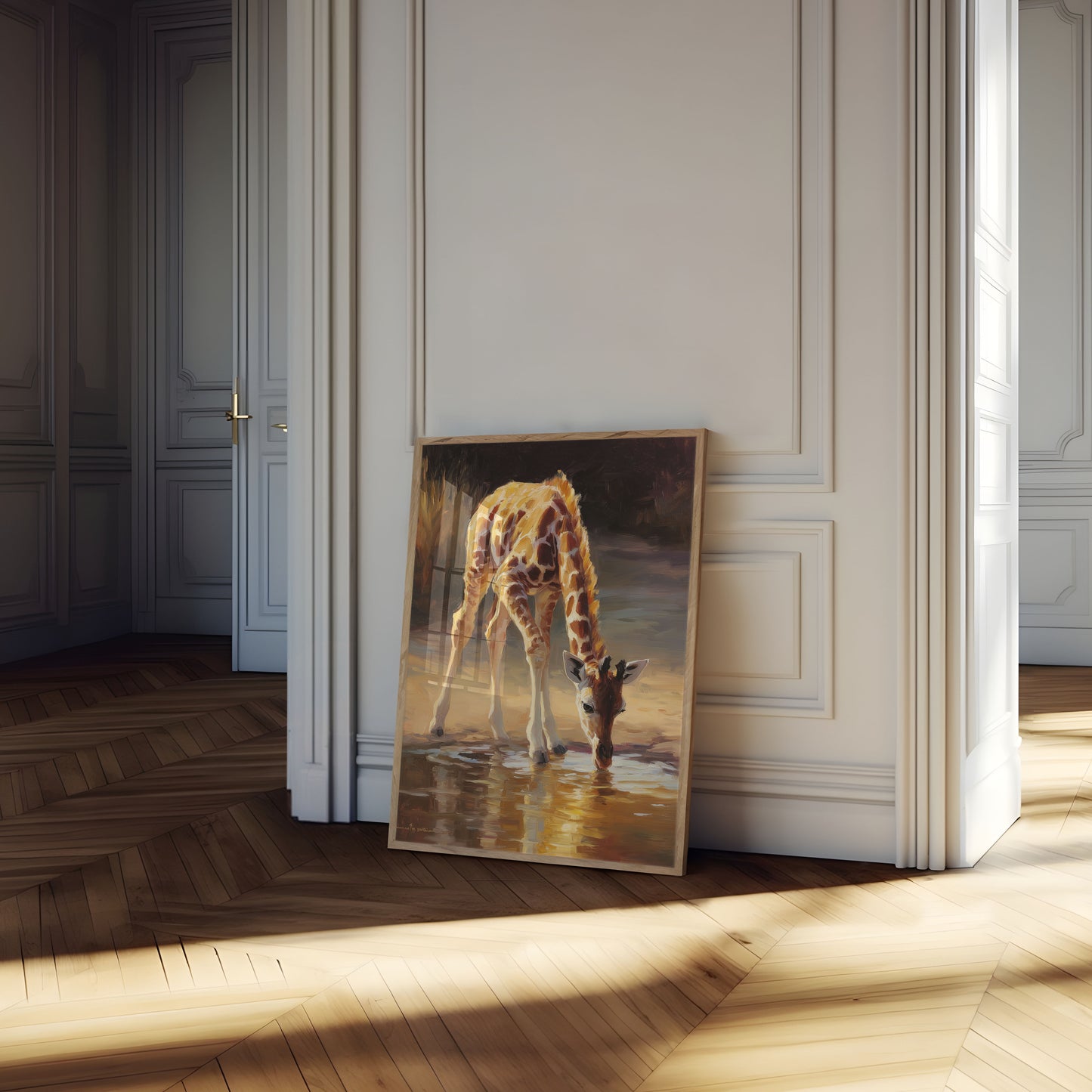 Pôster de Girafa Bebendo no Poço de Água