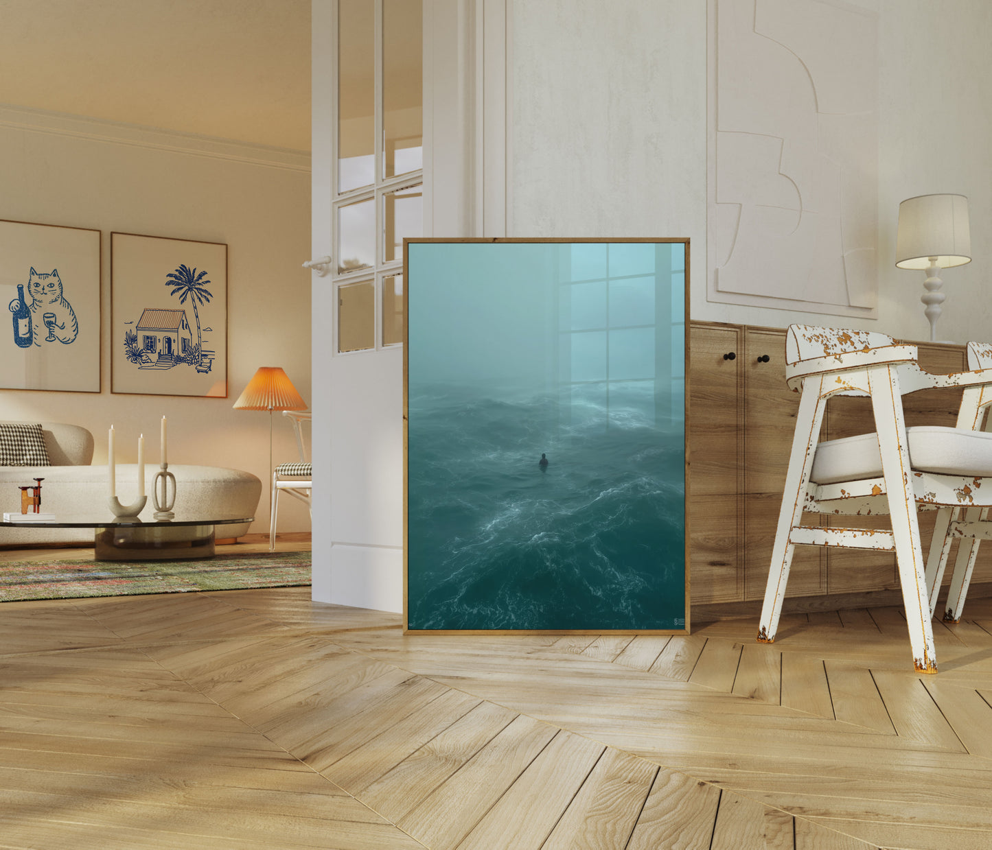 Póster de Surfista en Olas Oceánicas Nebulosas