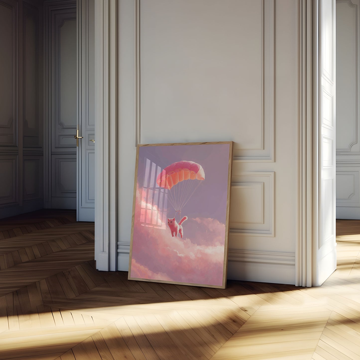 Pink Parachuting Cat Poster