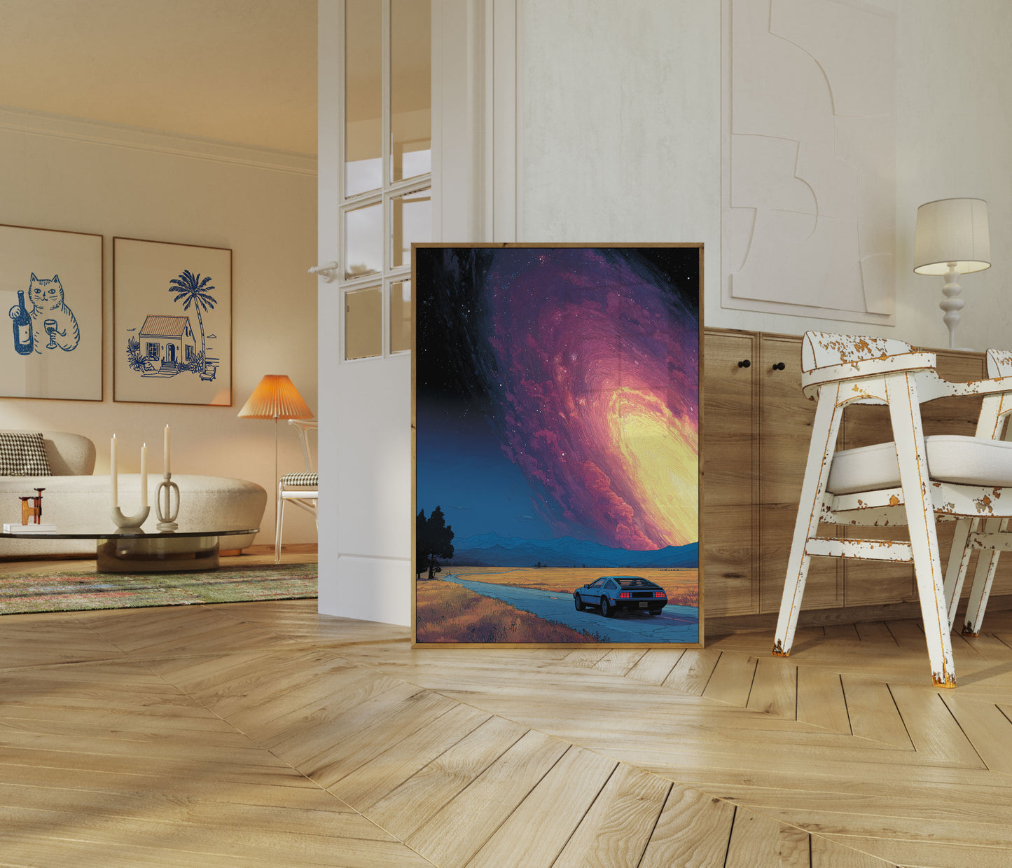 Plakat Retro Samochód i Kosmiczne Niebo