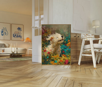 Pôster de Cão Feliz entre Flores Silvestres