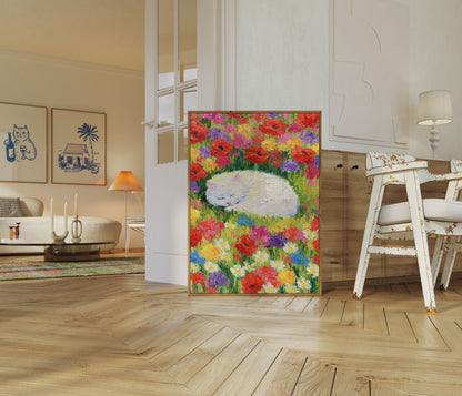 Sover kat i blomsterhave plakat