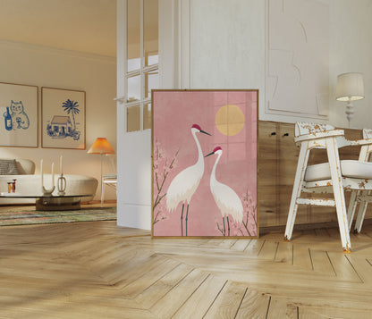 Red-Crowned Cranes at Sunset Poster