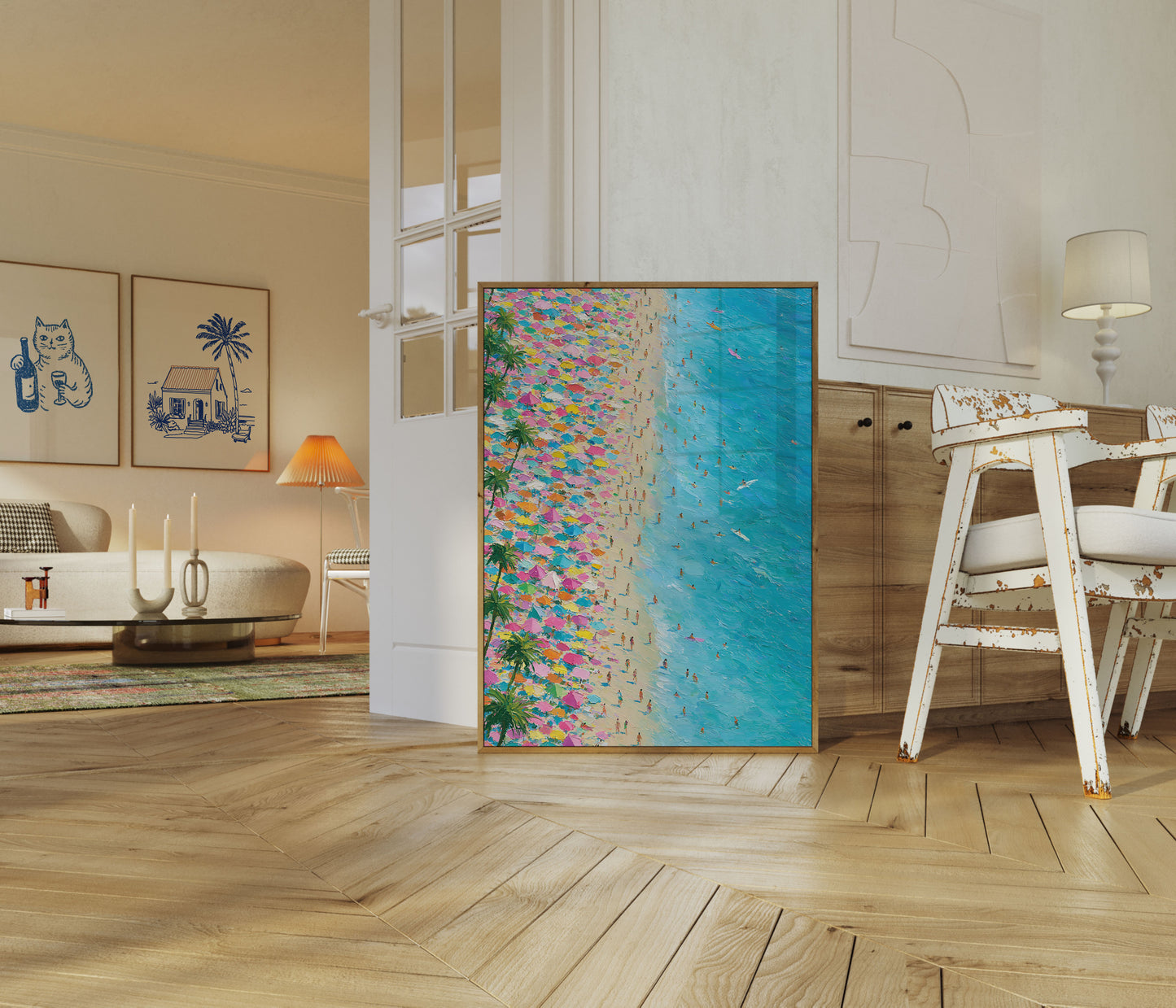 Bunte Strand Sonnenschirme Luftaufnahme Poster
