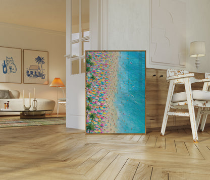 Bunte Strand Sonnenschirme Luftaufnahme Poster