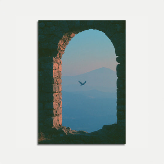Poster: Uccello che vola attraverso un antico arco
