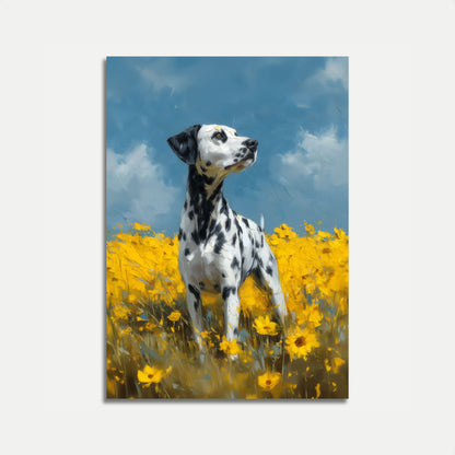 Póster de dálmata en un campo de girasoles