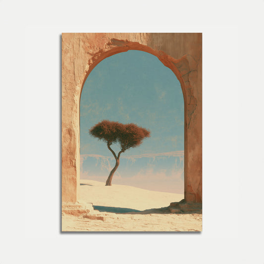 Poster con arco nel deserto e albero solitario