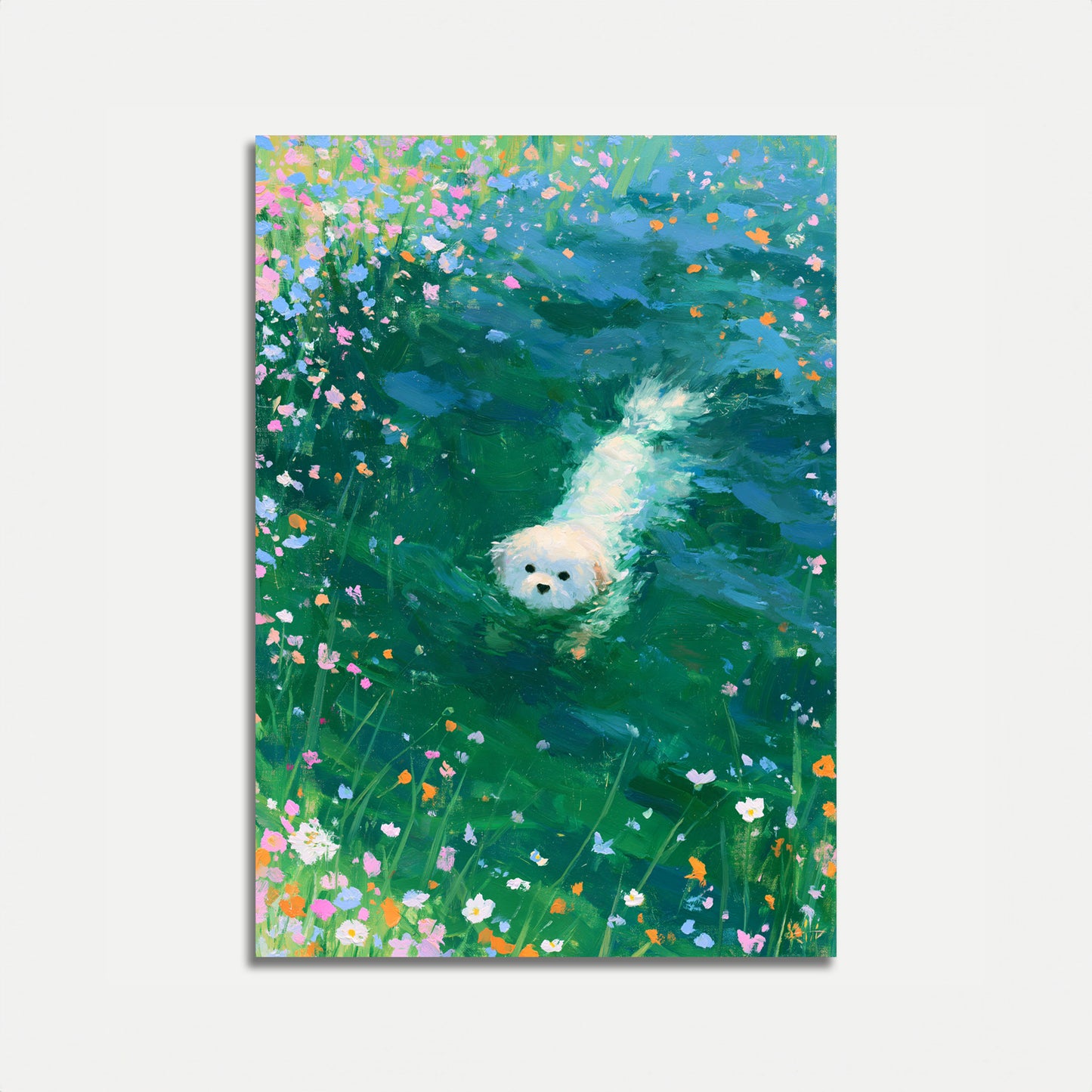 Hvit hund svømmer i blomster plakat
