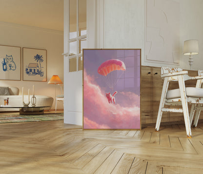 Pink Parachuting Cat Poster