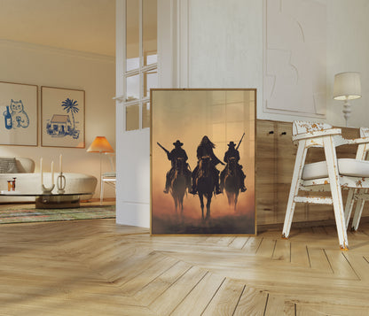 Drie Cowboys Woestijn Zonsondergang Poster