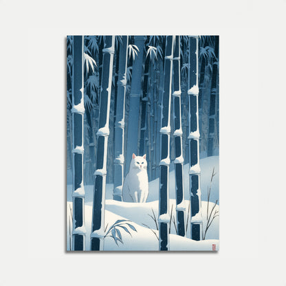 Póster de Gato Blanco en Bosque de Bambú Nevado